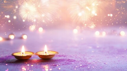 Banner design for diwali festival and purple podium,Diwali light decoration candle with fireworks,Stage,Product display Showcase design sparkle background,Deepavali,Dipavali,3D podium illustration.