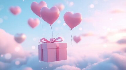 A Box flying on a parachute with pink cloud in valentine day,package flying down from sky and cloud with parachute, concept for delivery service,shopping online,air delivery service.