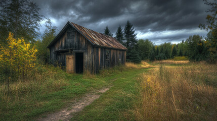 Obraz premium Rustic wooden cabin in overgrown field under dramatic cloudy sky abandoned countryside house nostalgic rural landscape solitude atmosphere