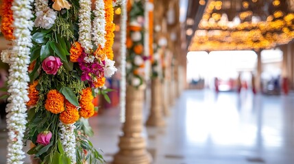 Naklejka premium Vibrant floral garlands adorning the entrance of a grand hall with beautiful lighting : Generative AI