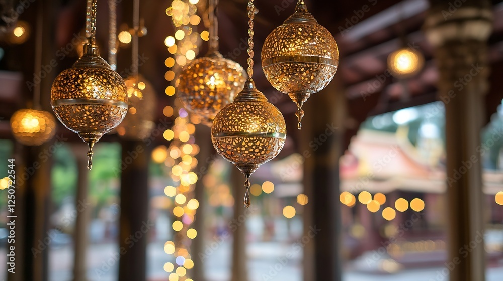 Poster Beautifully adorned hanging lanterns casting a warm glow in an enchanting decorative setting : Generative AI