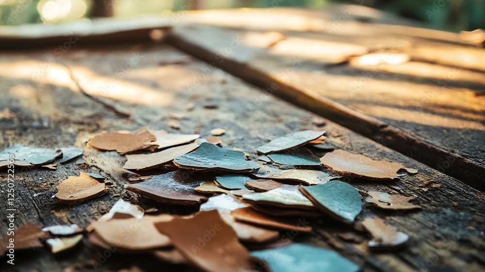 Fototapete closeup of scattered wooden chips on a rustic table creating a warm and natural atmosphere : generat