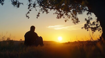 Silhouette of a man sitting under a tree admiring the sunset on a peaceful evening : Generative AI