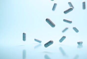 Antibiotic capsules and tablets gently falling against a white-to-blue gradient background.
