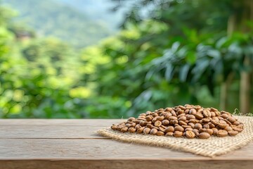 Obraz premium drinks coffee artisanal concept. Coffee beans on a burlap sack with a blurred green background.