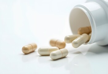 Antibiotic capsules falling from a tipped-over white medicine bottle.