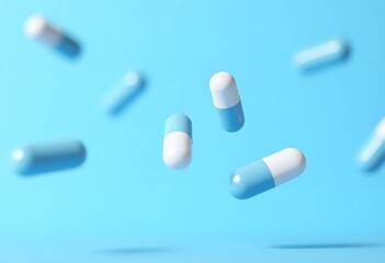 Antibiotic capsules in mid-air.