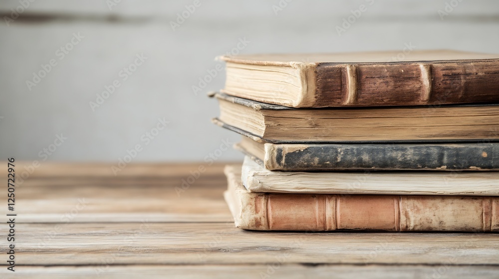 Poster A stack of vintage books resting on a rustic wooden surface evoking a sense of nostalgia and history : Generative AI