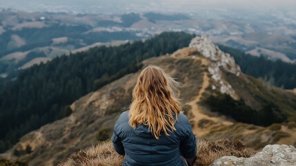 Obraz premium Woman Enjoying Scenic View Sitting on a Mountain Top : Generative AI