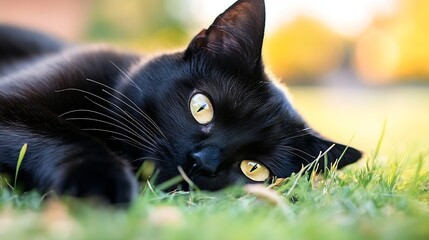 Close up of a relaxed black cat lounging on green grass with golden eyes reflecting sunshine : Generative AI