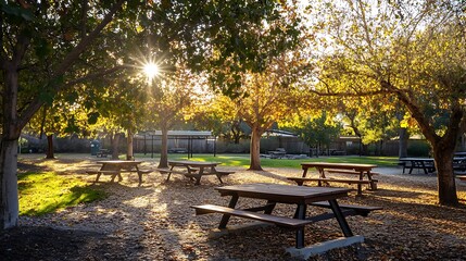 Fototapeta premium Peaceful picnic area with tables under leafy trees, softly illuminated by the golden glow of the early morning sun.