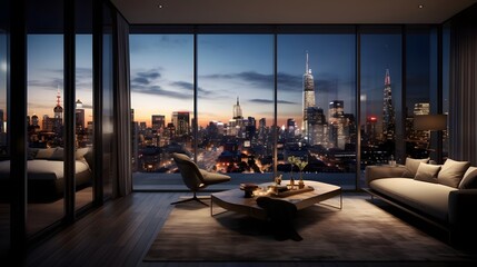 Obraz premium Luxury penthouse interior with floor to ceiling windows offering a breathtaking panoramic view of the city skyline in the background Elegant modern and contemporary design elements create an upscale