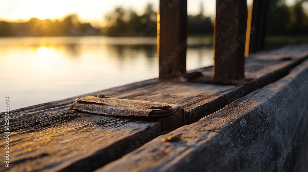 Poster rustic wooden detail closeup at sunset with soft reflections on a waterside leading to calmness : ge