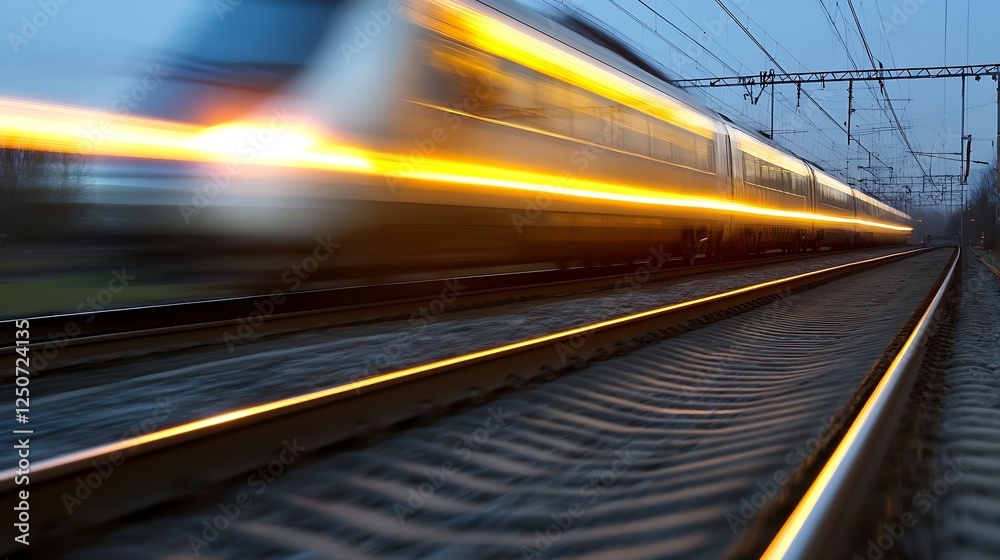 Poster highspeed train blurring past on rails at dusk capturing the essence of urban transportation : gener