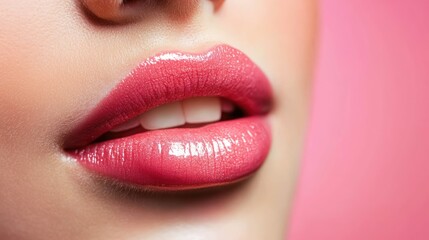 Fototapeta premium Close-up of Beautiful Woman's Lips with Glossy Pink Lipstick