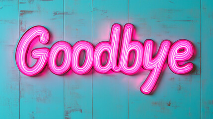 The word "Goodbye" glowing in soft neon pink on a textured pastel teal background with a subtle paper like finish.