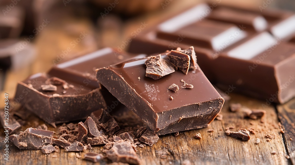 Aufkleber rich dark chocolate pieces on rustic wooden surface creating a delectable and inviting food scene : 