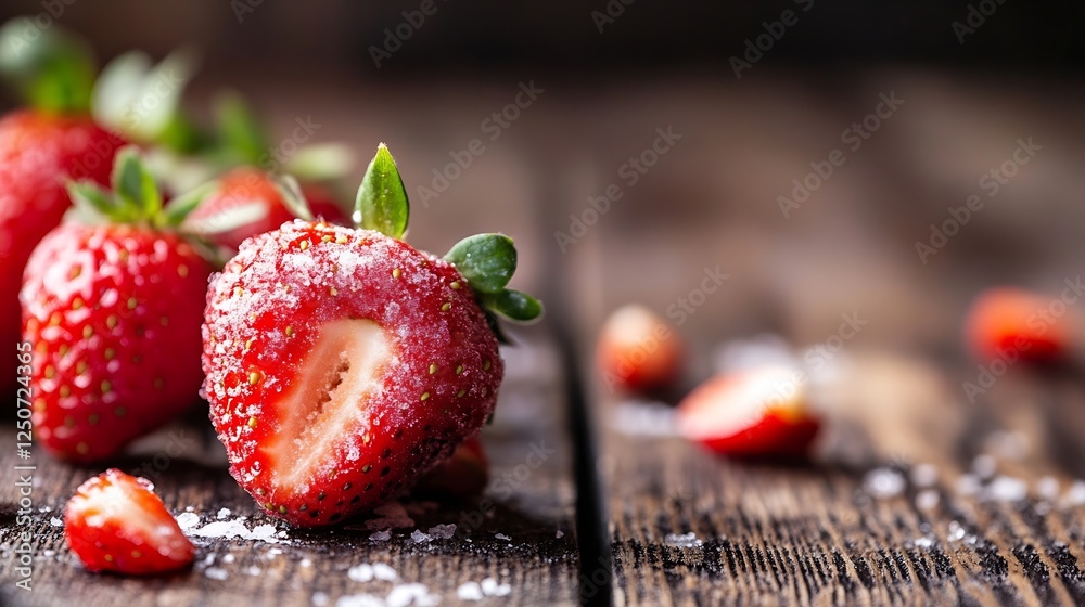 Aufkleber freshly harvested strawberries dusted with sugar on a rustic wooden table : generative ai