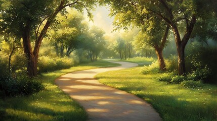 Obraz premium Tranquil path winding through a park, bordered by lush green trees and bathed in warm golden morning light.