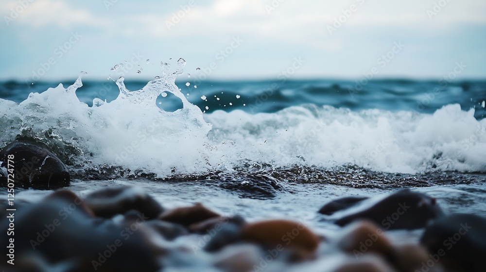 Poster dynamic view of crashing waves against rocky shore showcasing the beauty of nature's power and motio