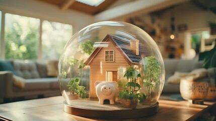 Transparent piggy bank containing a tiny model house inside representing the concept of saving money to purchase a real home in the future  This image symbolizes financial planning investment