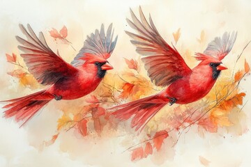 Fototapeta premium Two vibrant red cardinals in flight, amidst autumn leaves. Perfect for nature, wildlife, or seasonal designs.