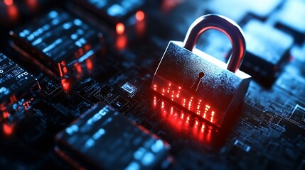 Closeup view of a metallic padlock on a circuit board representing data security and encryption : Generative AI