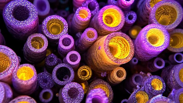Colorful abstract composition of circular shapes in vibrant purple and yellow tones under soft light