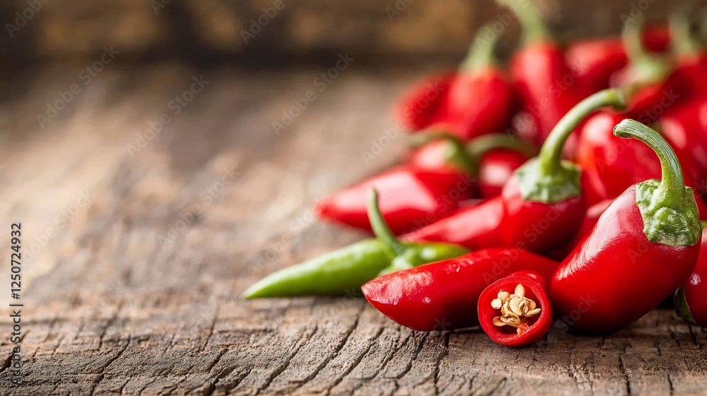 Aufkleber fresh red chili peppers arranged beautifully on a rustic wooden table for culinary delights : genera
