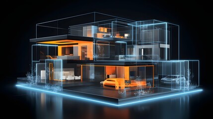 A stunning digital hologram showcasing the sleek and modern architecture of a futuristic technologically advanced home design  The image presents a captivating vision of innovative sustainable