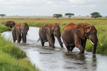 Fototapeta premium Elephants crossing a river in the African savanna
