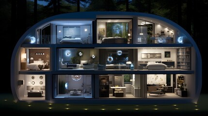 Detailed Cross Section Diagram of a Modern Smart Home Interior Showcasing the Connected Appliances Automation Systems and Efficient Energy Saving Features