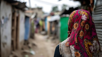 Obraz premium Woman in traditional headscarf walking through narrow alley in a rural community : Generative AI