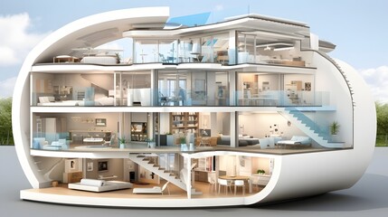 Comprehensive cross section showcasing the intricate layout and integrated technology of a smart home highlighting its various interconnected rooms and advanced features for a modern
