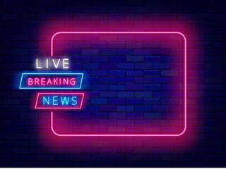 Television neon flyer. Live breaking news. Empty pink frame and text. Headline online information. Vector illustration