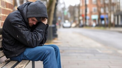 Fototapeta premium A young man sitting alone on a bench showing despair and loneliness in an urban setting : Generative AI