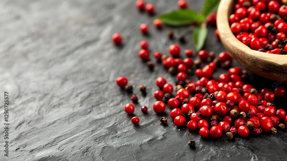 Poster closeup of vibrant red peppercorns scattered over dark slate stone surface for culinary use : genera