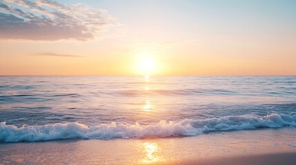 Obraz premium Breathtaking ocean sunset reflecting shimmering colors over calm waves and sandy beach : Generative AI