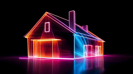 Glowing neon outline of a modern house silhouette against a sleek minimalist white background  Futuristic abstract architectural with a vibrant digital design aesthetic