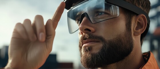Smart Global Logistics Concept. A man in safety glasses interacts with a digital interface, showcasing technology in a work environment.