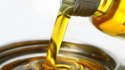 Detailed oil change in progress on a modern luxury vehicle's engine bay, with yellow oil being poured into a small metal canister under bright sunlight. 