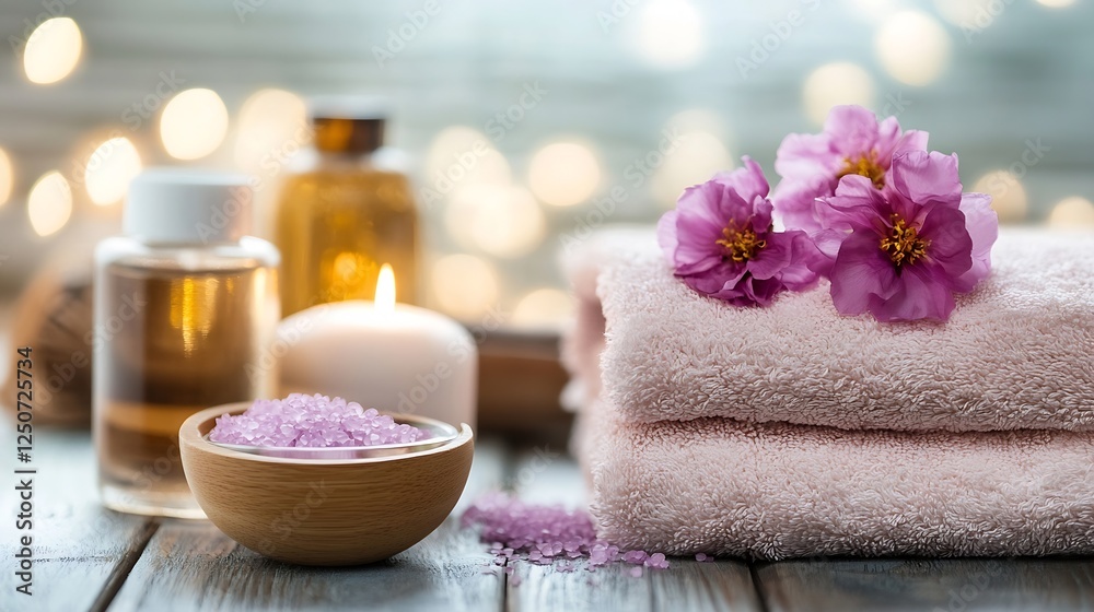 Poster Spa Setup with Essential Oils Candles and Soft Towels Surrounded by Gentle Lighting : Generative AI