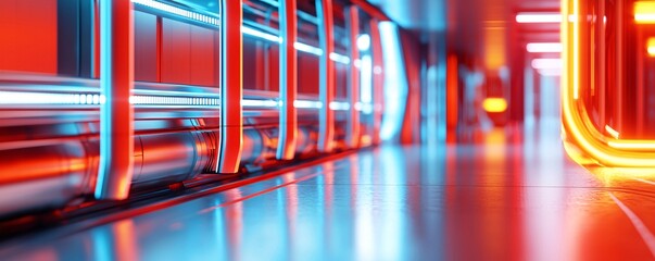 Internet of Things and Industrial Automation Concept. Futuristic corridor illuminated with neon lights