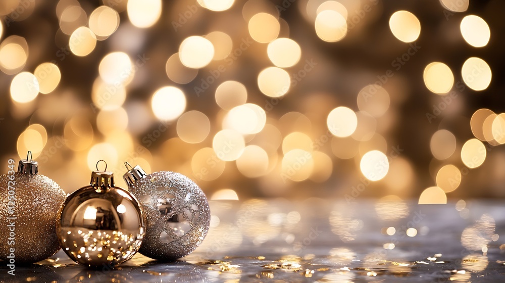 Poster elegant christmas ornaments in gold and silver sparkling against a soft glowing background : generat