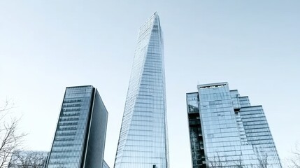 Obraz premium A modern skyscraper surrounded by glass buildings under a clear sky.