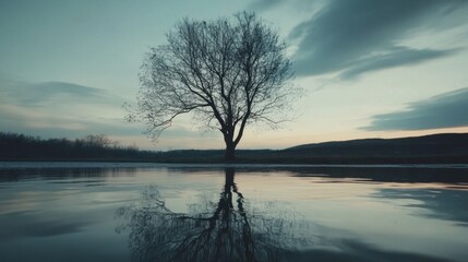 Serene Reflection of a Bare Tree at Sunset Over Still Water