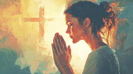 Painted woman praying with clasped hands, bathed in golden light near a cross. Represents faith, spirituality, and inner peace, perfect for religious or inspirational themes.