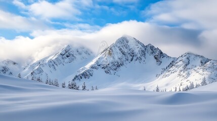 Breathtaking view of snowy mountains under a vibrant sky with clouds creating a serene and peaceful atmosphere : Generative AI