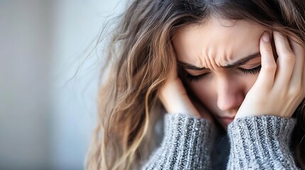 Woman in a Gray Sweater Holding Her Head in Pain Indicating Overwhelming Stress : Generative AI