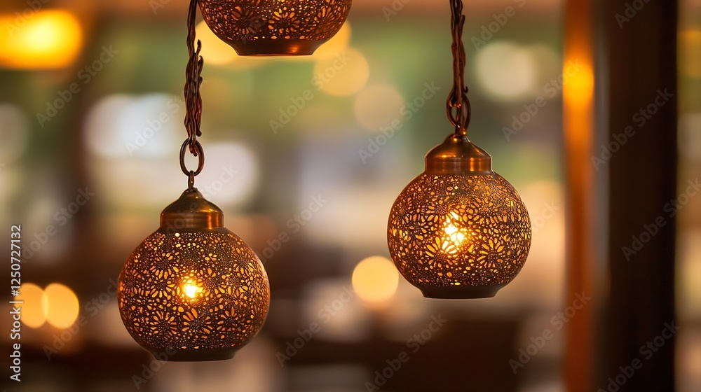 Poster Charming hanging lanterns casting a golden glow in a stylish modern dining setting : Generative AI